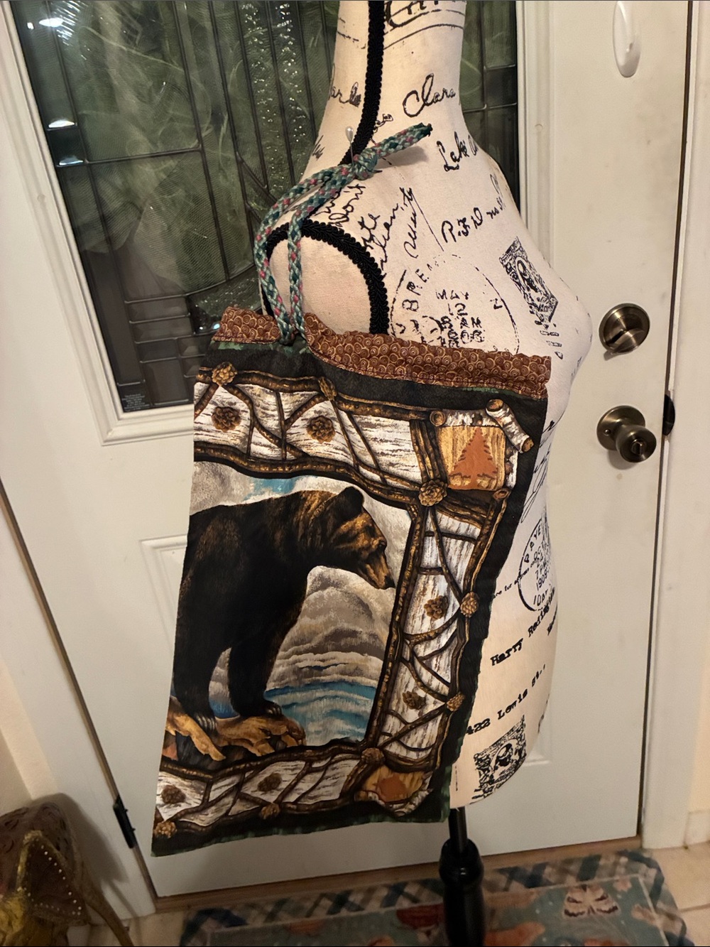 Bear Fabric Print Canvas Tote Bag in Brown and Green